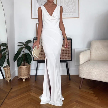2024 Women's Sexy Beach Wind Hanging Neck Deep V Bare Back Strap Long Textured White Dress